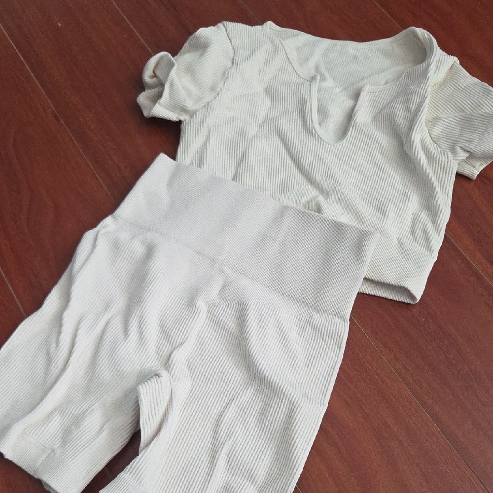 Cream Ribbed Two-Piece Athletic Set
